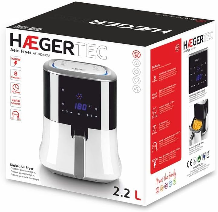 Haeger 2.2L Digital Aero Air Fryer 1000W Oil Free 8 Programs Automatic Touch Screen Digital adjustable Temperature
