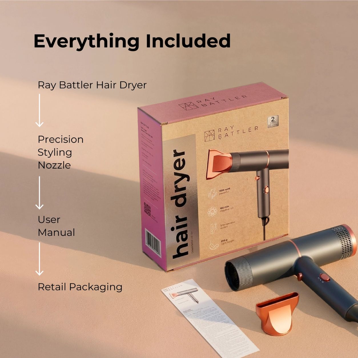 Ray Battler Compact Hair Dryer 1200–1500W, Ultra-Lightweight 269g 2 Heat Settings, Cool Shot Function with Concentrator Nozzle