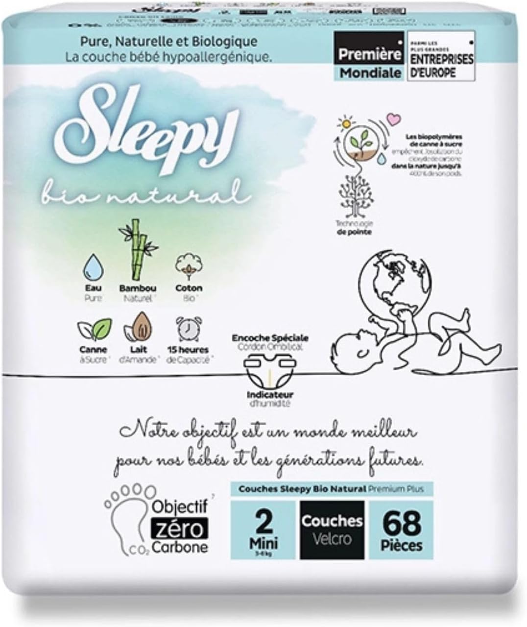 Sleepy Bio Natural Premium Nappies Size 2 (3-6 kg) Pack of 204 Nappies, Hypoallergenic, Bamboo and Organic Cotton,