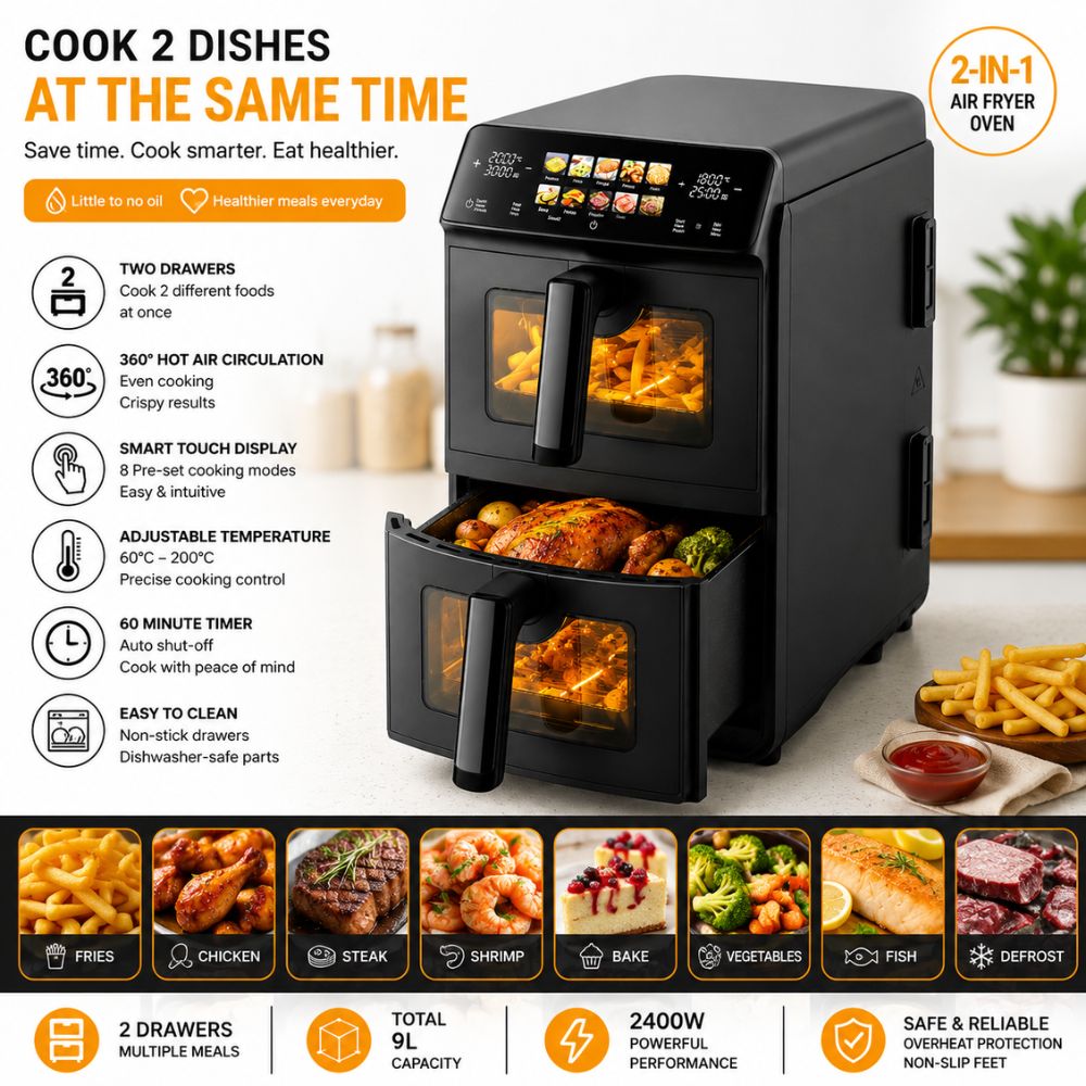 Just Perfecto Oil-Free Hot Air Fryer, Dual Stacked Cooking Compartments Digital Touchscreen for Frying