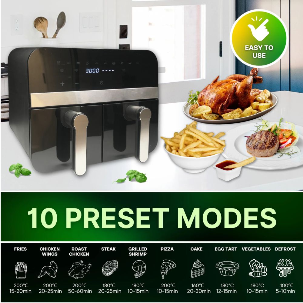 Comfy Nest Double Basket Digital Air Fryer 9L, 2400W Dual Cooking Compartments Touchscreen Display, Adjustable