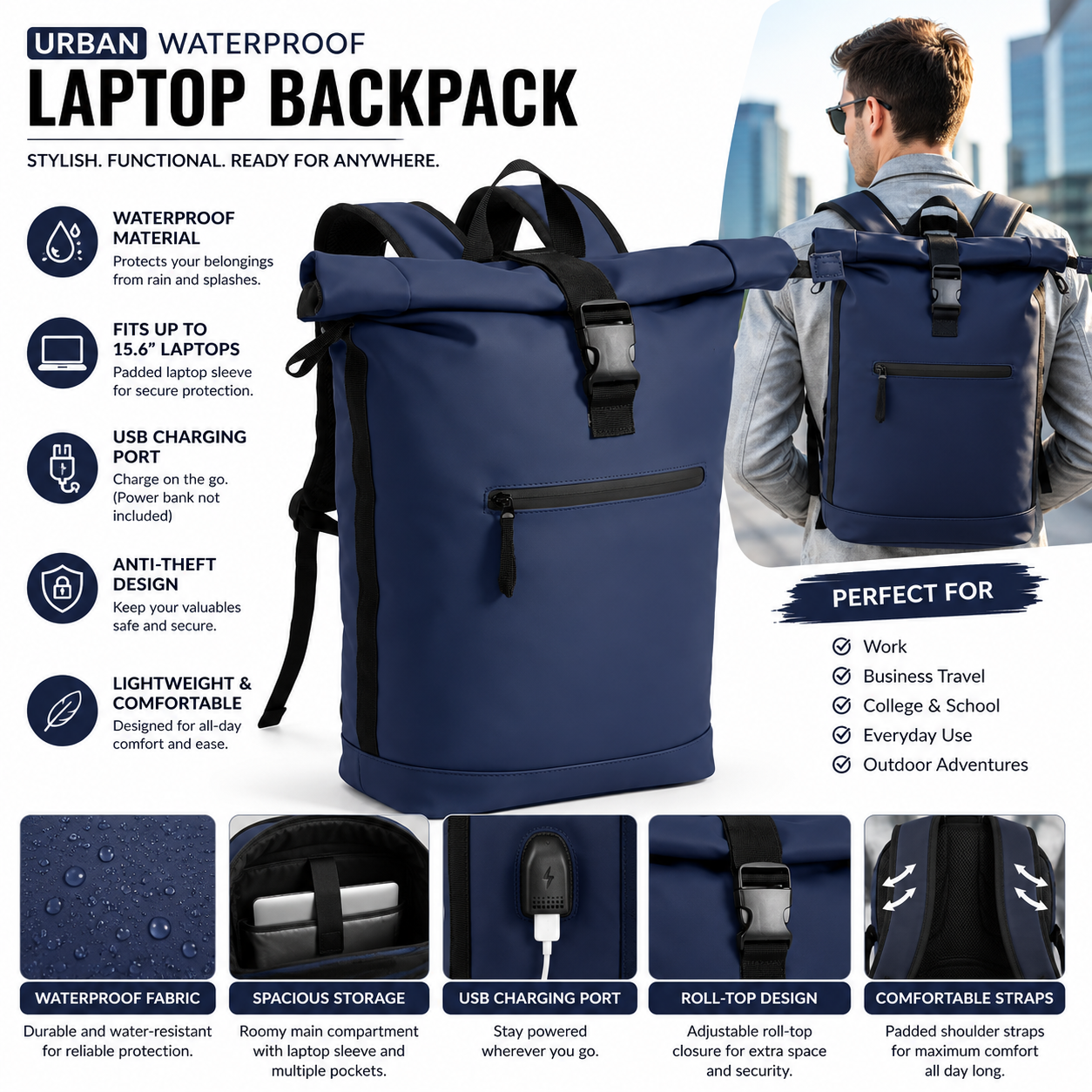 22L Waterproof Laptop Backpack Travel and Work Backpack with USB Charging Port Light Office bag School & Travel