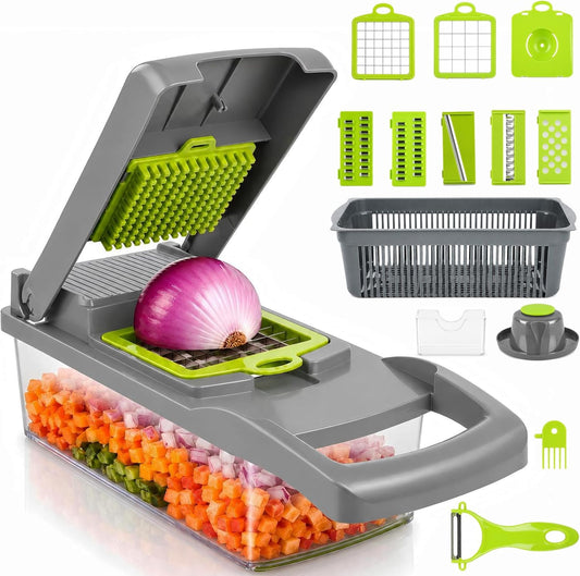 16-in-1 Multi-Function Vegetable Chopper with Mandolin, Manual Vegetable Slicer with Interchangeable