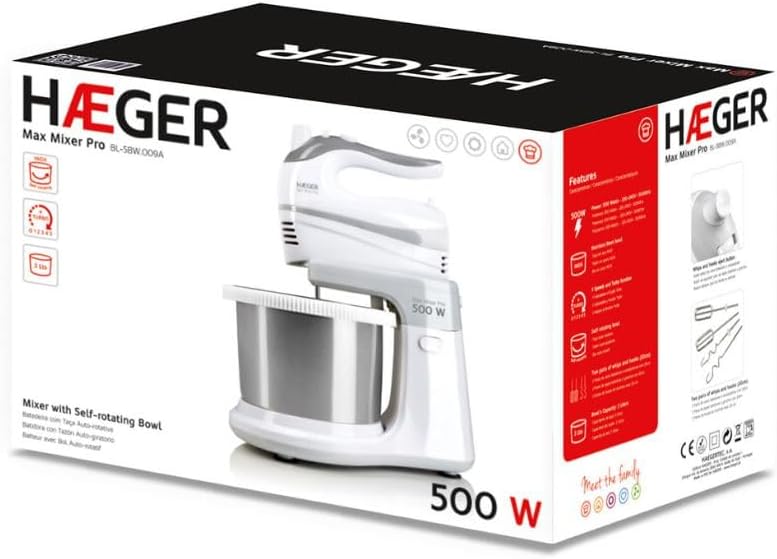 Haeger Max Mixer Bowl 500 W Stand Mixer with 3 L Stainless Steel Self Rotating Bowl, 5 Speeds Turbo Function