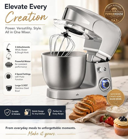 Royalty Line Professional 1600W Dough Mixer, Stainless Steel Bowl 6L, Planetary Movement, 6 Speed Settings, Kitchen Mixer