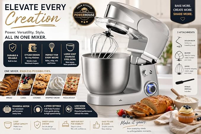 Royalty Line Professional 1600W Dough Mixer, Stainless Steel Bowl 6L, Planetary Movement, 6 Speed Settings, Kitchen Mixer