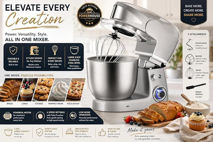 Royalty Line Professional 1600W Dough Mixer, Stainless Steel Bowl 6L, Planetary Movement, 6 Speed Settings, Kitchen Mixer