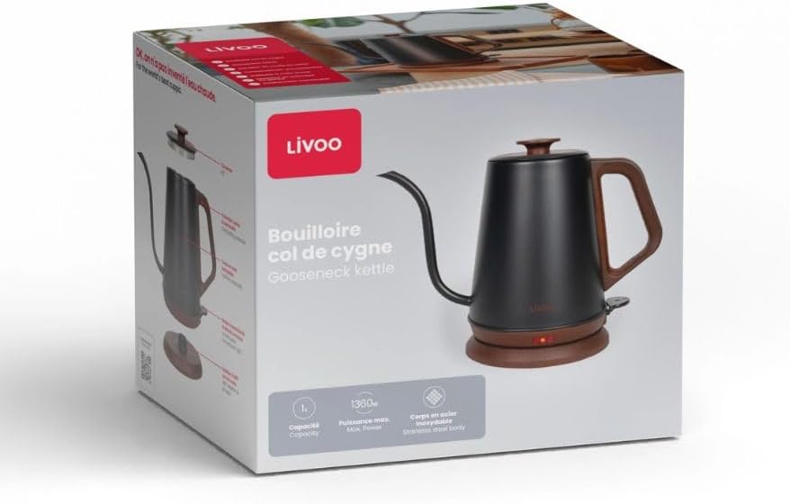 LIVOO 1L 1200W Vintage Gooseneck Electric Water Kettle, Precision Pouring Spout, Ergonomic Handle, Auto Shut-off