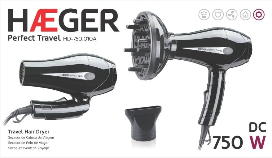 Perfect Travel 2-in-1 Travel Hair Dryer Compact & Foldable, 1200W, 2 Speed, Dual Voltage, Blow Dryer for Home
