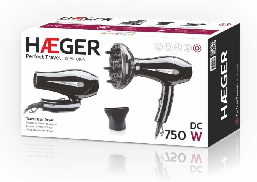Perfect Travel 2-in-1 Travel Hair Dryer Compact & Foldable, 1200W, 2 Speed, Dual Voltage, Blow Dryer for Home