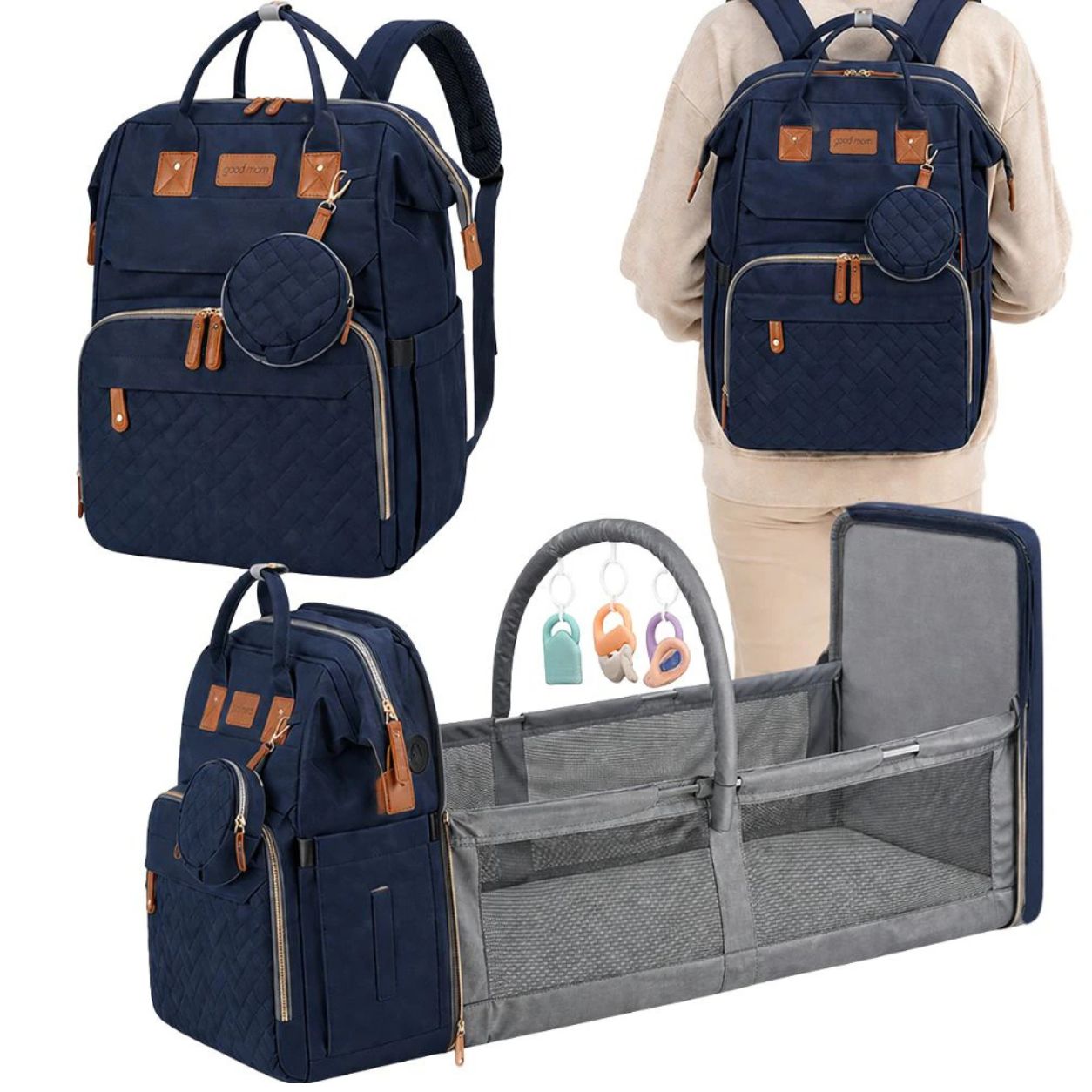 Multifunctional Baby Changing Backpack with Foldable Baby Bed, USB Charging Port, Large Capacity Diaper Bag  & with Changing Mat