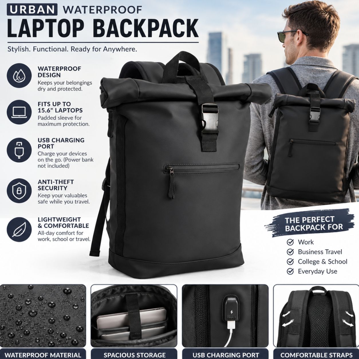 22L Waterproof Laptop Backpack Travel and Work Backpack with USB Charging Port Light Office bag School & Travel