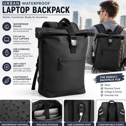 22L Waterproof Laptop Backpack Travel and Work Backpack with USB Charging Port Light Office bag School & Travel