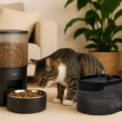 Livoo 2-in-1 Automatic Pet Feeder & Water Fountain, 3L Food Dispenser + 2.5L Water Tank,  Up to 10 Meals/Day, Portion Control,