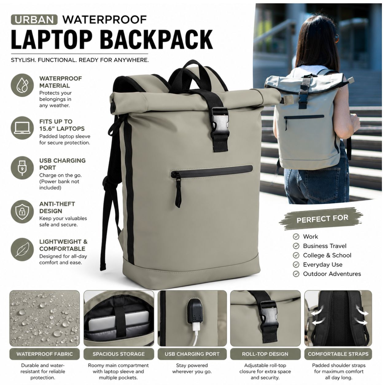22L Waterproof Laptop Backpack Travel and Work Backpack with USB Charging Port Light Office bag School & Travel