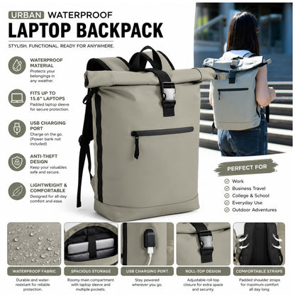 22L Waterproof Laptop Backpack Travel and Work Backpack with USB Charging Port Light Office bag School & Travel