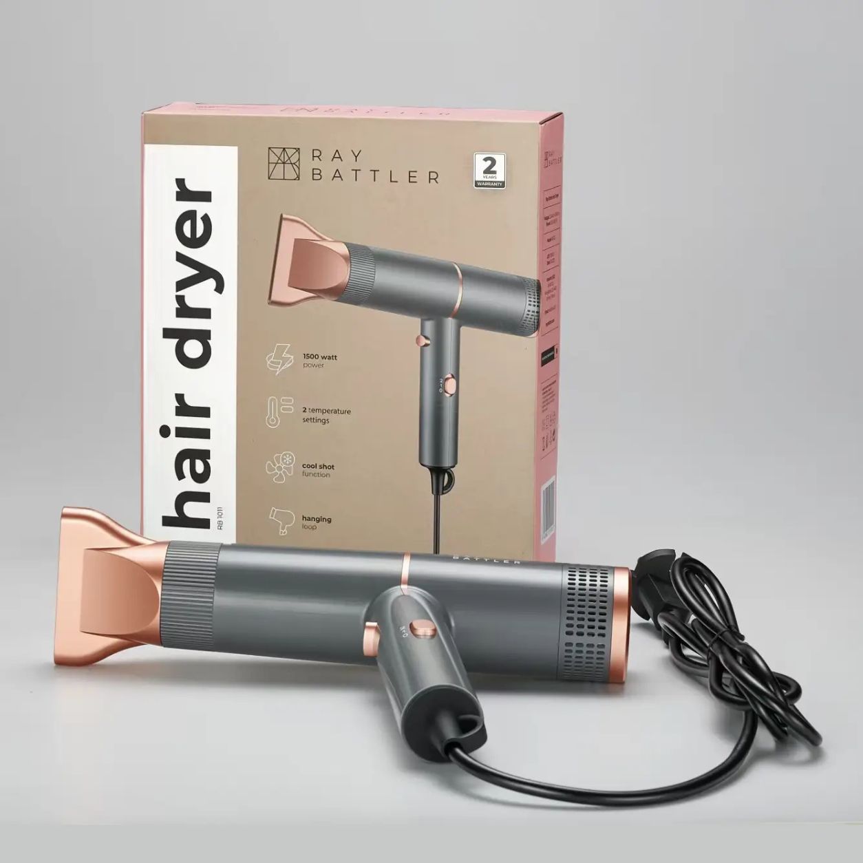 Ray Battler Compact Hair Dryer 1200–1500W, Ultra-Lightweight 269g 2 Heat Settings, Cool Shot Function with Concentrator Nozzle