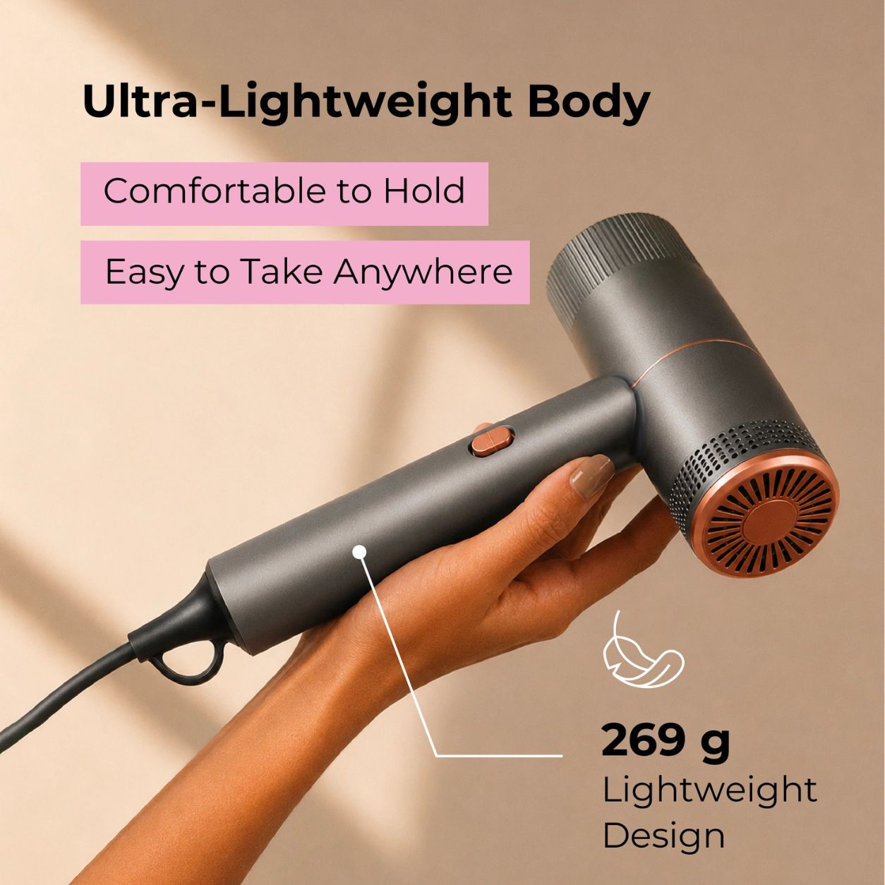 Ray Battler Compact Hair Dryer 1200–1500W, Ultra-Lightweight 269g 2 Heat Settings, Cool Shot Function with Concentrator Nozzle