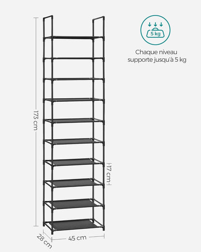 10-Tier Shoe Rack, Narrow Shoe Storage Cabinet 28 × 45 × 173 cm, Metal Frame, Non-Woven Fabric Shelves, Space-Saving
