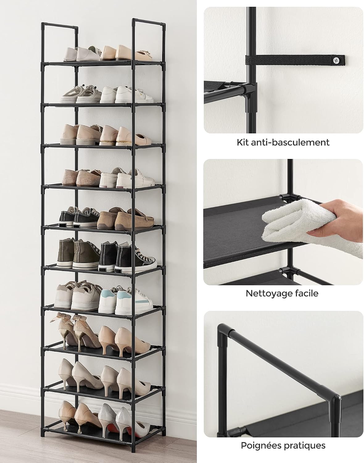 10-Tier Shoe Rack, Narrow Shoe Storage Cabinet 28 × 45 × 173 cm, Metal Frame, Non-Woven Fabric Shelves, Space-Saving