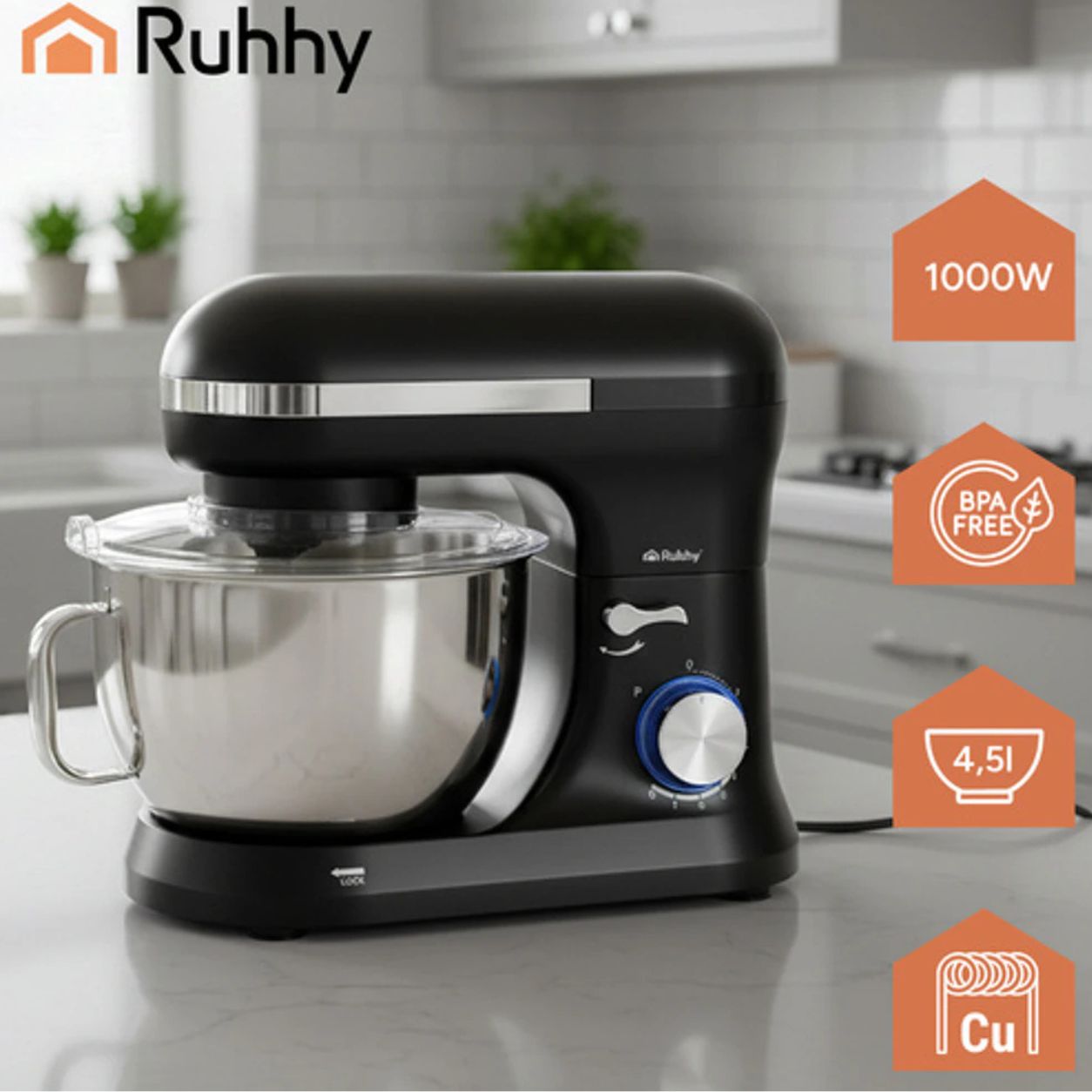 Ruhhy 1700W Planetary Food Processor, 4.5L Stainless Steel Bowl, Professional Stand Dough Mixer with Multiple Speed Settings