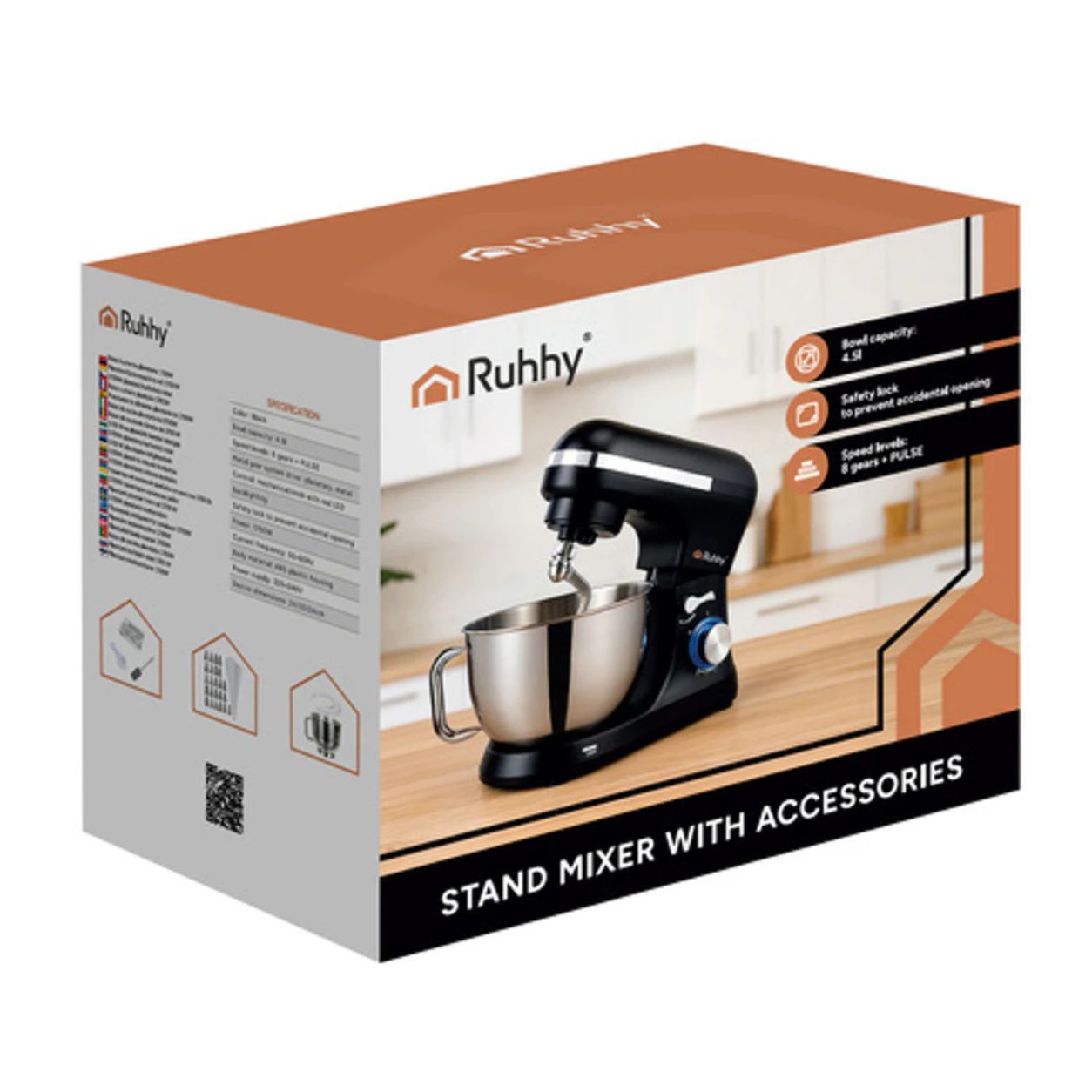 Ruhhy 1700W Planetary Food Processor, 4.5L Stainless Steel Bowl, Professional Stand Dough Mixer with Multiple Speed Settings
