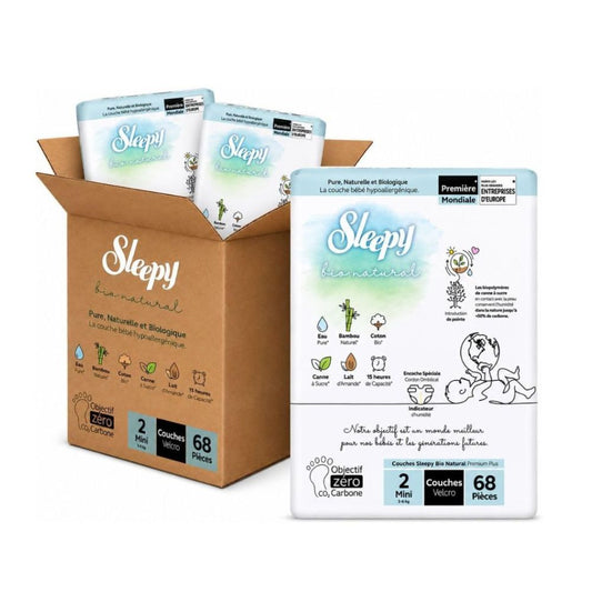 Sleepy Bio Natural Premium Nappies Size 2 (3-6 kg) Pack of 204 Nappies, Hypoallergenic, Bamboo and Organic Cotton,