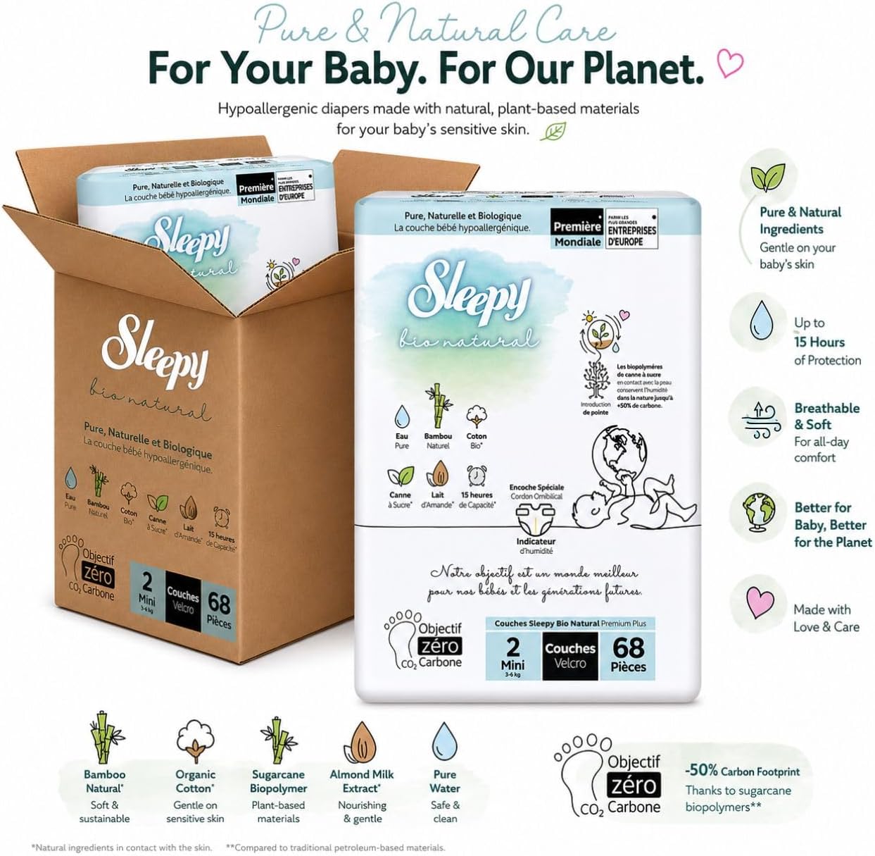 Sleepy Bio Natural Premium Nappies Size 2 (3-6 kg) Pack of 204 Nappies, Hypoallergenic, Bamboo and Organic Cotton,