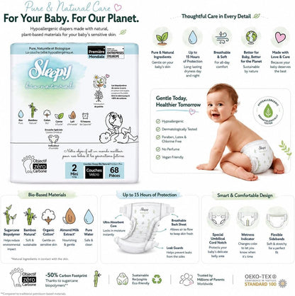 Sleepy Bio Natural Premium Nappies Size 2 (3-6 kg) Pack of 204 Nappies, Hypoallergenic, Bamboo and Organic Cotton,