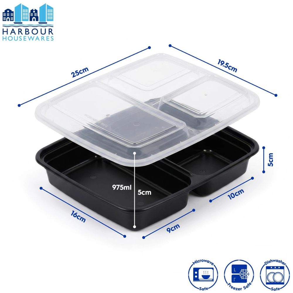 Reusable Meal Prep Containers with Lids, 3 Compartments, 975ml, Pack of 10, BPA-Free Food Storage Boxes, Leakproof & Stackable