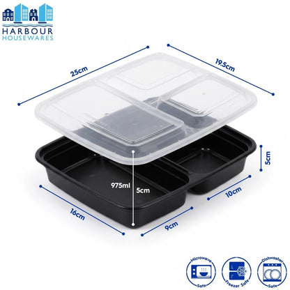 Reusable Meal Prep Containers with Lids, 3 Compartments, 975ml, Pack of 10, BPA-Free Food Storage Boxes, Leakproof & Stackable