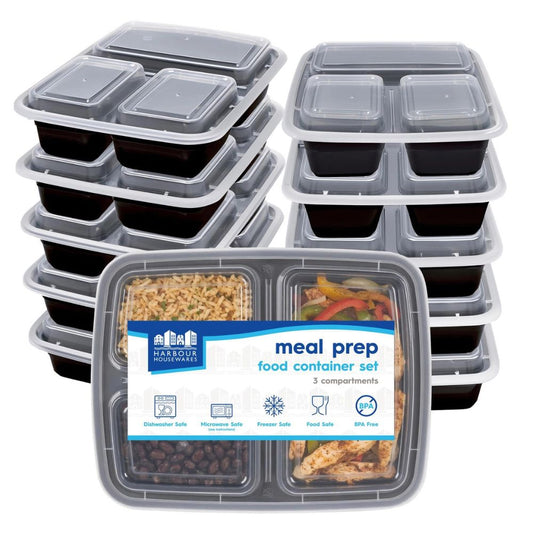 Reusable Meal Prep Containers with Lids, 3 Compartments, 975ml, Pack of 10, BPA-Free Food Storage Boxes, Leakproof & Stackable