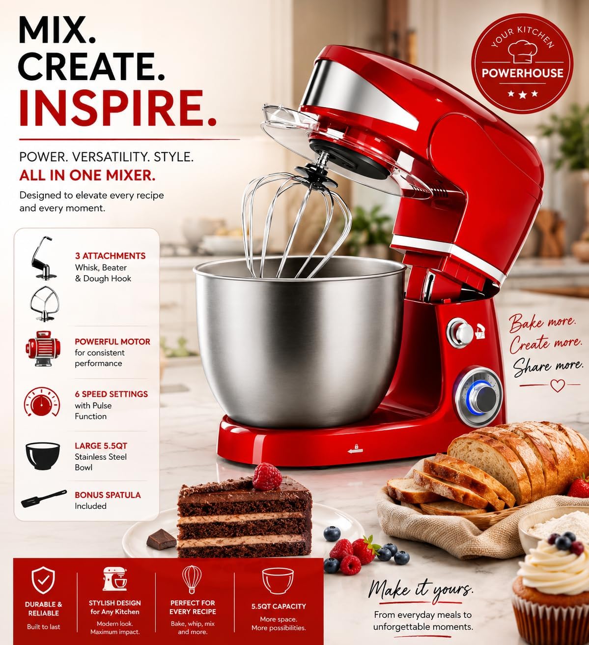 Royalty Line Professional 1600W Red Dough Mixer, Stainless Steel Bowl 6L, Planetary Movement, 6 Speed Settings, Electric Mixer