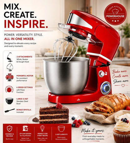 Royalty Line Professional 1600W Red Dough Mixer, Stainless Steel Bowl 6L, Planetary Movement, 6 Speed Settings, Electric Mixer