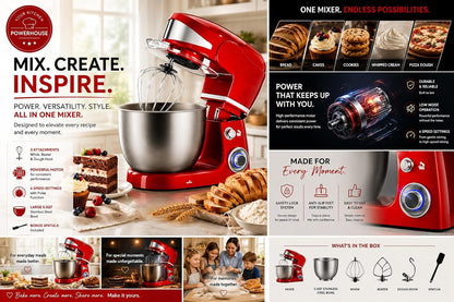 Royalty Line Professional 1600W Red Dough Mixer, Stainless Steel Bowl 6L, Planetary Movement, 6 Speed Settings, Electric Mixer