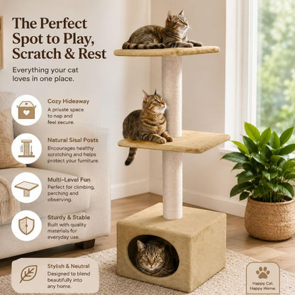 Visitandine Cat Tree 134 cm, Multi-Level Tower with Sisal Scratching Posts, Comfortable Hideaway, Indoor Cat Activity