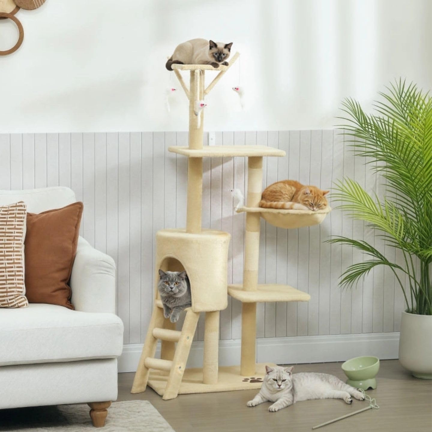 Visitandine Cat Tree 134 cm, Multi-Level Tower with Sisal Scratching Posts, Comfortable Hideaway, Indoor Cat Activity