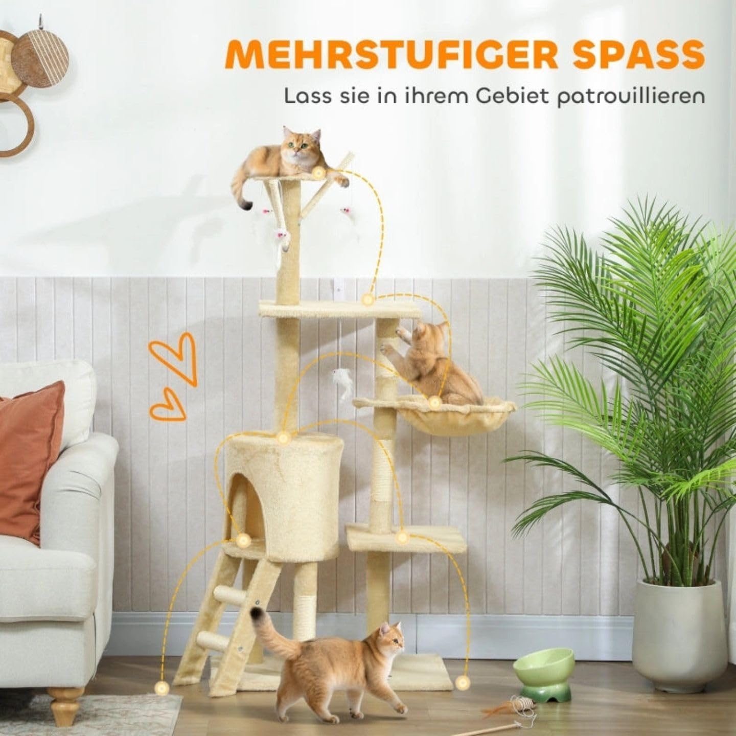 Visitandine Cat Tree 134 cm, Multi-Level Tower with Sisal Scratching Posts, Comfortable Hideaway, Indoor Cat Activity