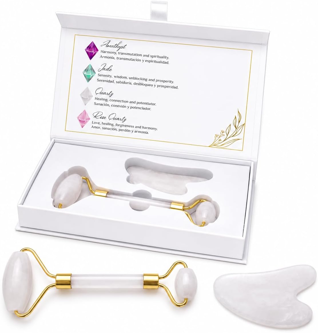 Jade Roller and Gua Sha Set - Natural Stone Facial Roller, Gua Sha Massage Tool, Skin Care, Puffiness Reducer, Beauty Box