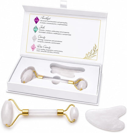 Jade Roller and Gua Sha Set - Natural Stone Facial Roller, Gua Sha Massage Tool, Skin Care, Puffiness Reducer, Beauty Box