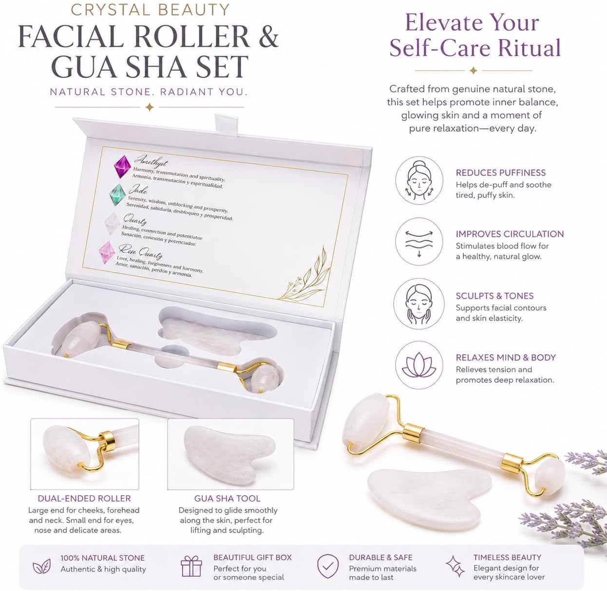 Jade Roller and Gua Sha Set - Natural Stone Facial Roller, Gua Sha Massage Tool, Skin Care, Puffiness Reducer, Beauty Box