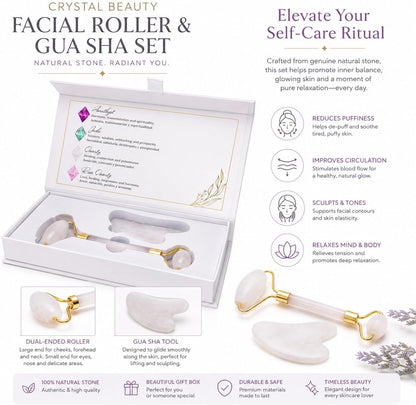 Jade Roller and Gua Sha Set - Natural Stone Facial Roller, Gua Sha Massage Tool, Skin Care, Puffiness Reducer, Beauty Box