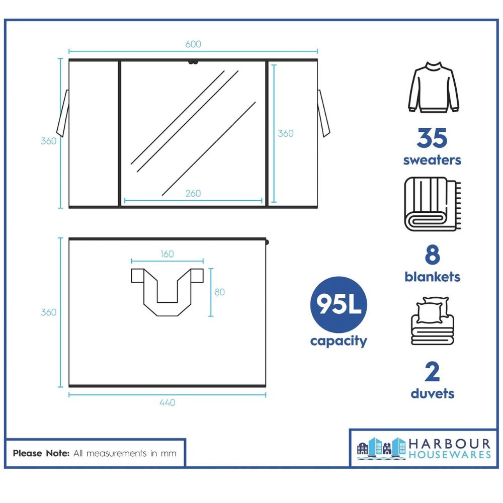 Harbour Housewares 95L Clothes Storage Bags with Lid, Pack of 5, Grey Fabric Storage Organizers Large Foldable Storage