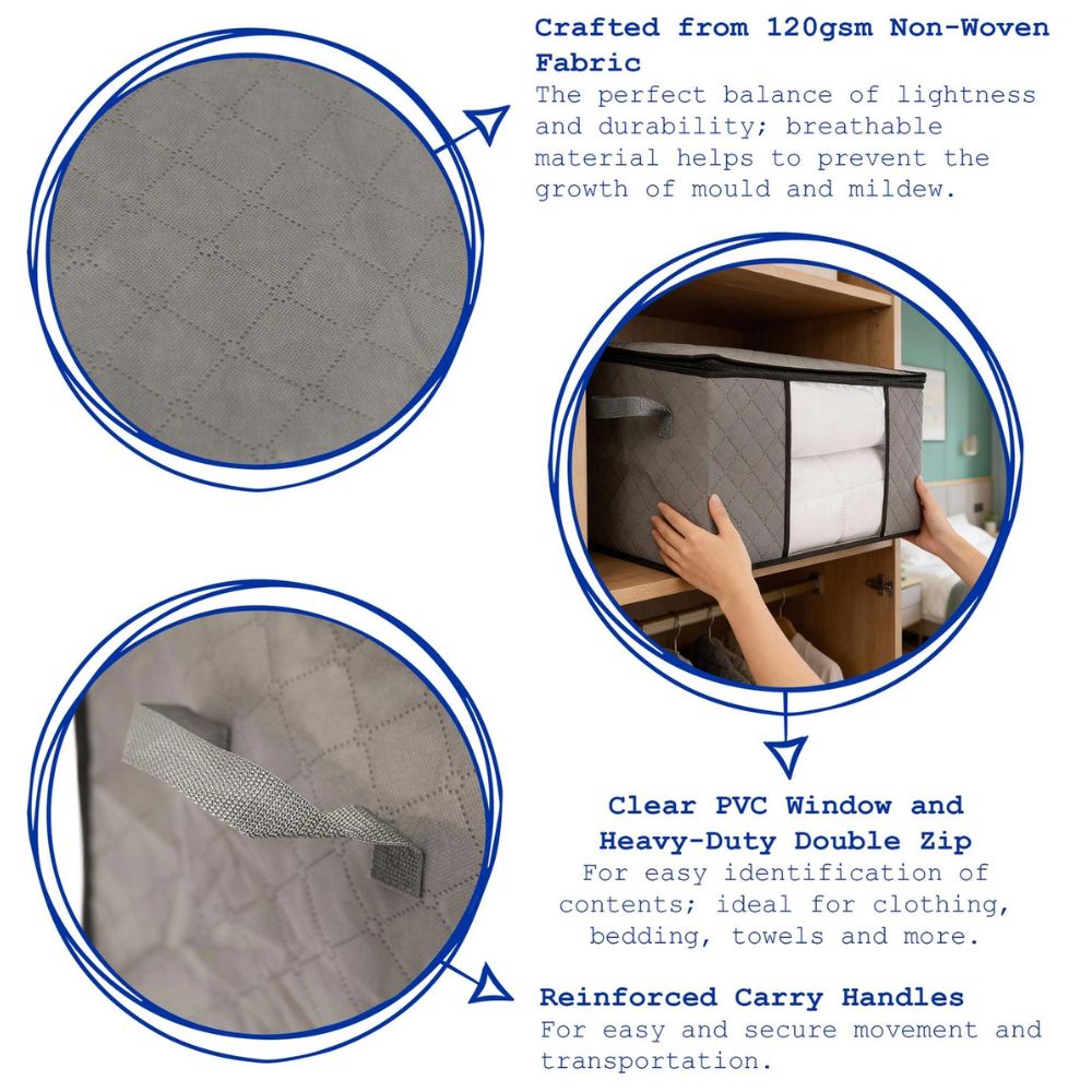 Harbour Housewares 95L Clothes Storage Bags with Lid, Pack of 5, Grey Fabric Storage Organizers Large Foldable Storage