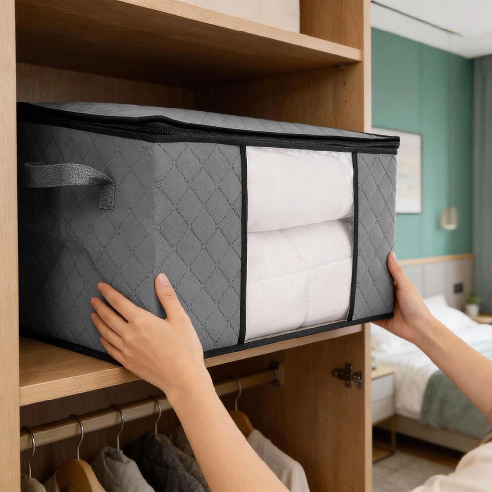 Harbour Housewares 95L Clothes Storage Bags with Lid, Pack of 5, Grey Fabric Storage Organizers Large Foldable Storage