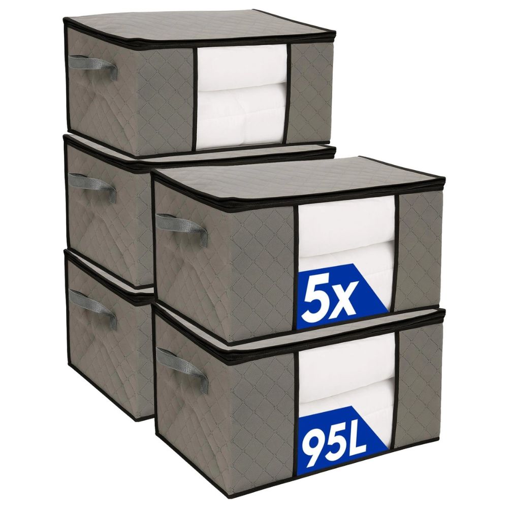 Harbour Housewares 95L Clothes Storage Bags with Lid, Pack of 5, Grey Fabric Storage Organizers Large Foldable Storage