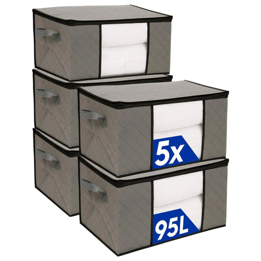 Harbour Housewares 95L Clothes Storage Bags with Lid, Pack of 5, Grey Fabric Storage Organizers Large Foldable Storage