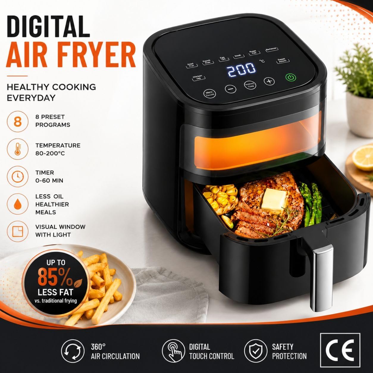 4 L Digital Air Fryer, 1200 W Oil-Free Cooking, Adjustable Temperature and Timer, Non-Stick Basket, Ideal for Frying