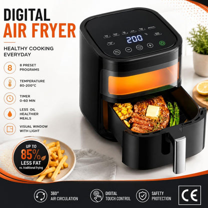 4 L Digital Air Fryer, 1200 W Oil-Free Cooking, Adjustable Temperature and Timer, Non-Stick Basket, Ideal for Frying