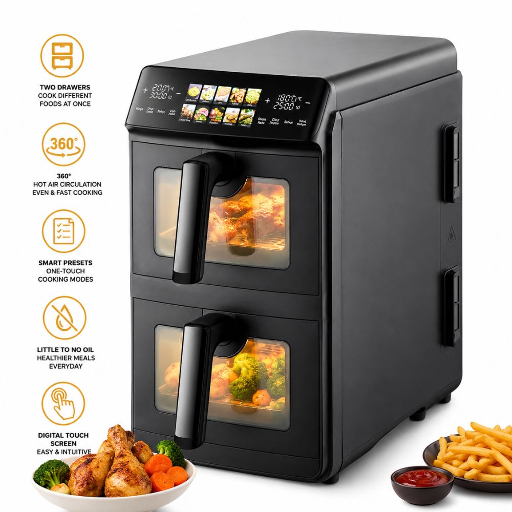 Just Perfecto Oil-Free Hot Air Fryer, Dual Stacked Cooking Compartments  Digital Touchscreen for Frying